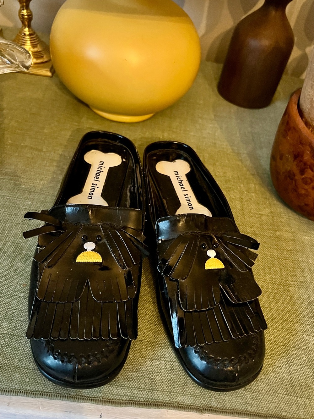 Michael Simon Black Patent Fringe Slip-On Mules with Gold Accent